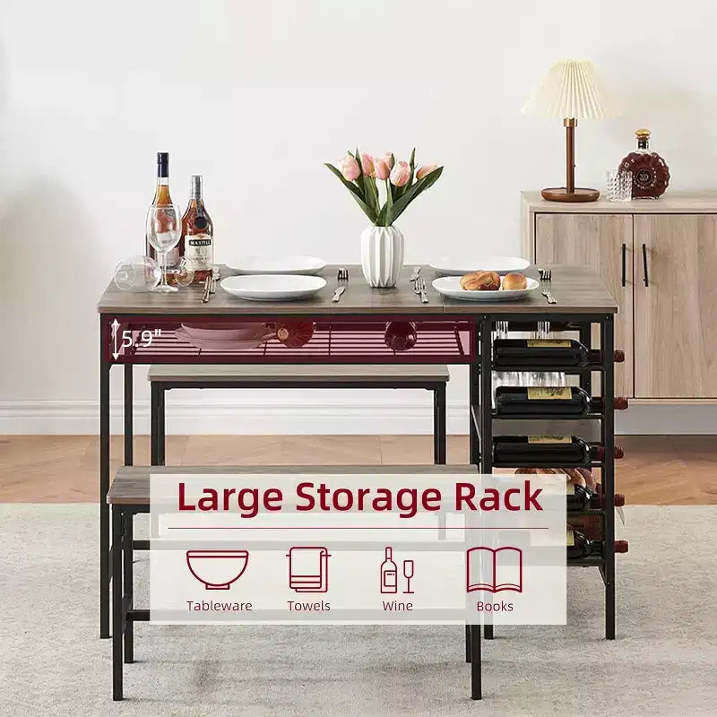 Coolmee 47 Dining Table Set for 4, 3 Pieces Kitchen Table Set with 2 Benches, Wine Rack and 2-Tier Storage Shelves, for Home