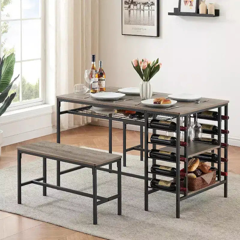 Coolmee 47 Dining Table Set for 4, 3 Pieces Kitchen Table Set with 2 Benches, Wine Rack and 2-Tier Storage Shelves, for Home