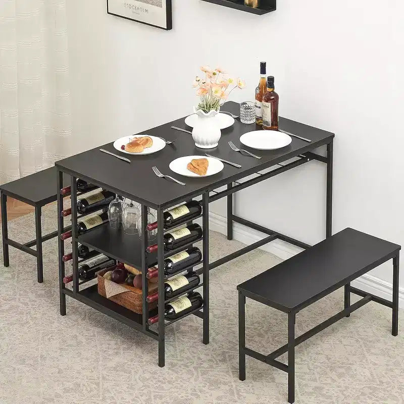 Coolmee 47 Dining Table Set for 4, 3 Pieces Kitchen Table Set with 2 Benches, Wine Rack and 2-Tier Storage Shelves, for Home