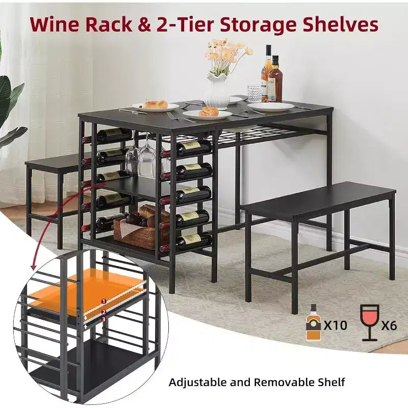 Coolmee 47 Dining Table Set for 4, 3 Pieces Kitchen Table Set with 2 Benches, Wine Rack and 2-Tier Storage Shelves, for Home