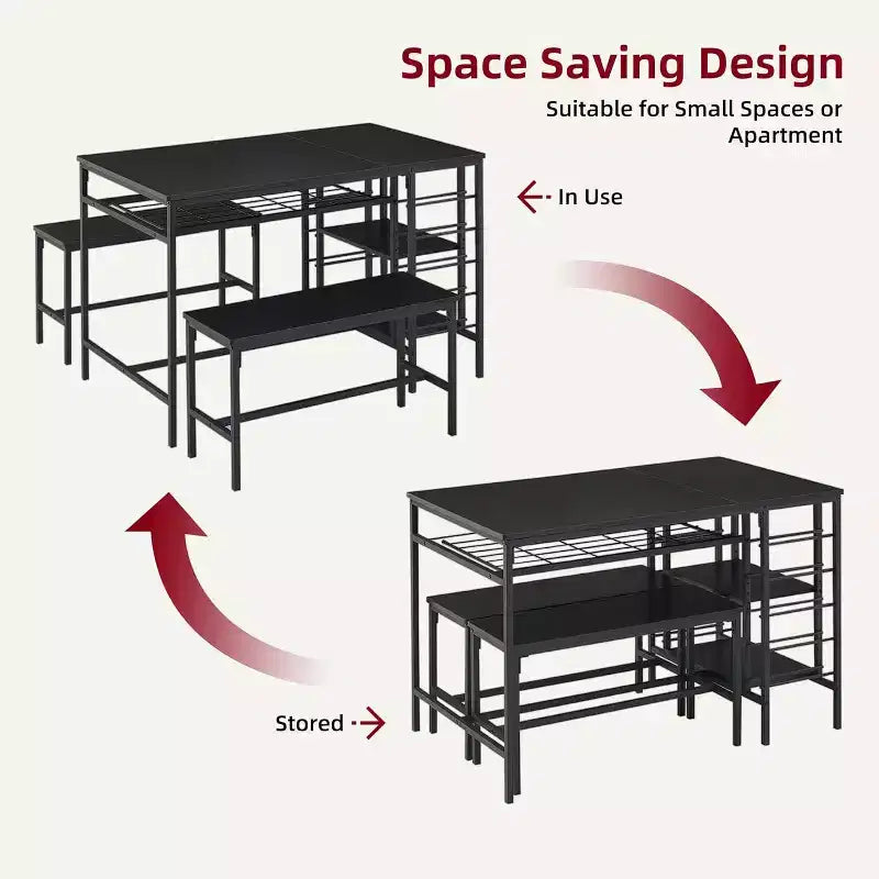 Coolmee 47 Dining Table Set for 4, 3 Pieces Kitchen Table Set with 2 Benches, Wine Rack and 2-Tier Storage Shelves, for Home