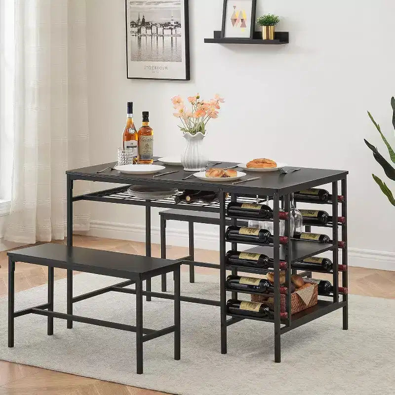 Coolmee 47 Dining Table Set for 4, 3 Pieces Kitchen Table Set with 2 Benches, Wine Rack and 2-Tier Storage Shelves, for Home