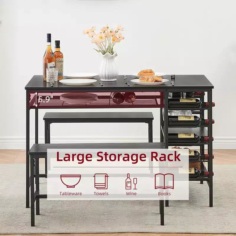 Coolmee 47 Dining Table Set for 4, 3 Pieces Kitchen Table Set with 2 Benches, Wine Rack and 2-Tier Storage Shelves, for Home