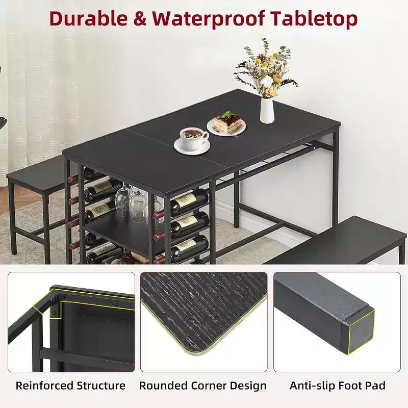 Coolmee 47 Dining Table Set for 4, 3 Pieces Kitchen Table Set with 2 Benches, Wine Rack and 2-Tier Storage Shelves, for Home
