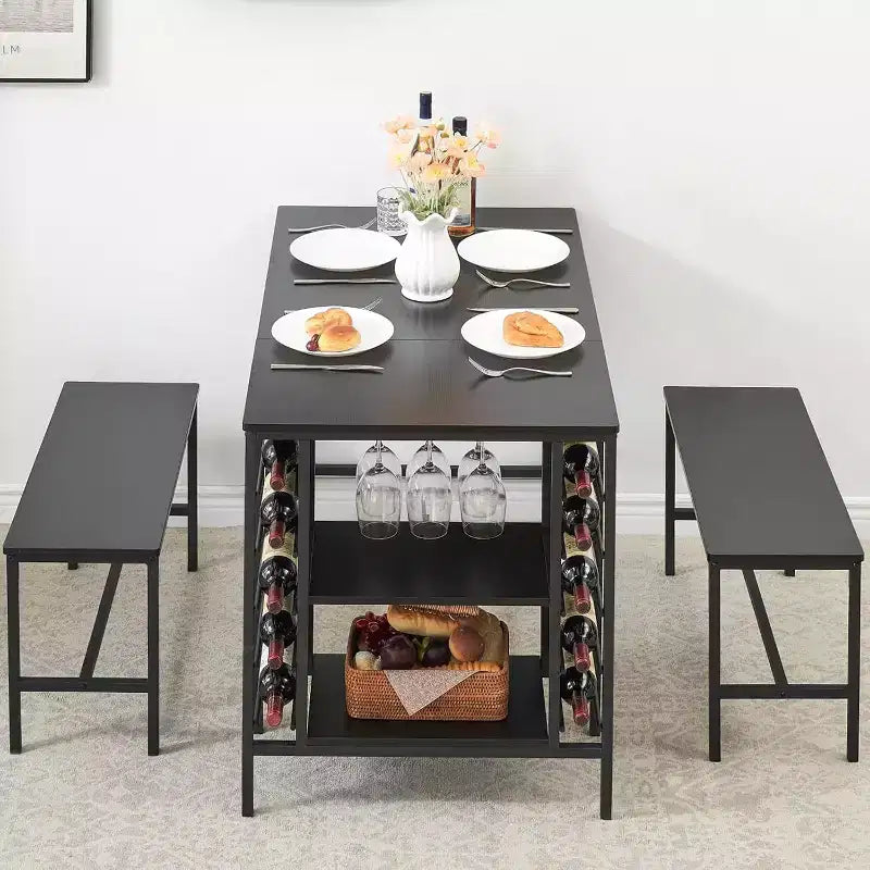 Coolmee 47 Dining Table Set for 4, 3 Pieces Kitchen Table Set with 2 Benches, Wine Rack and 2-Tier Storage Shelves, for Home