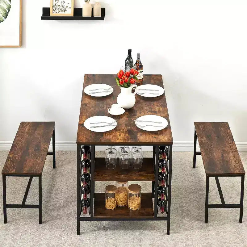 Coolmee 47 Dining Table Set for 4, 3 Pieces Kitchen Table Set with 2 Benches, Wine Rack and 2-Tier Storage Shelves, for Home