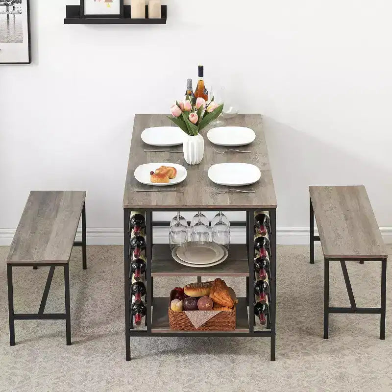 Coolmee 47 Dining Table Set for 4, 3 Pieces Kitchen Table Set with 2 Benches, Wine Rack and 2-Tier Storage Shelves, for Home