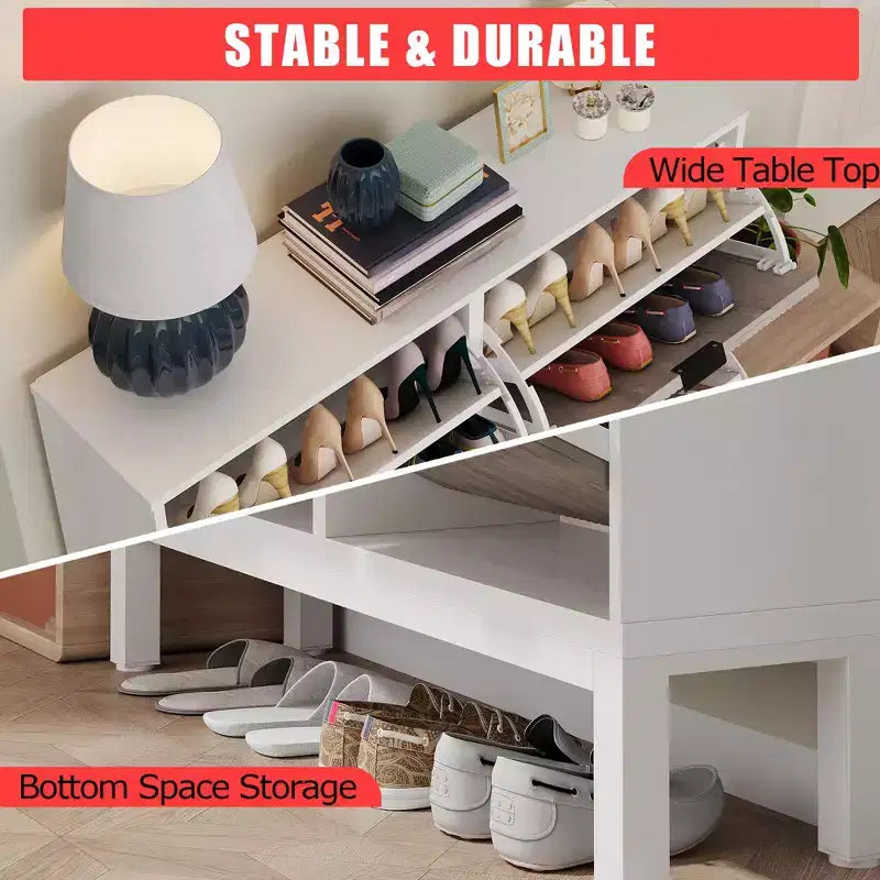 Wooden Fluted Shoe Storage Cabinet with 4 Flip Drawers, Narrow with Metal Legs, Modern Farmhouse Hidden Shoe Rack for Entryway, Hallway