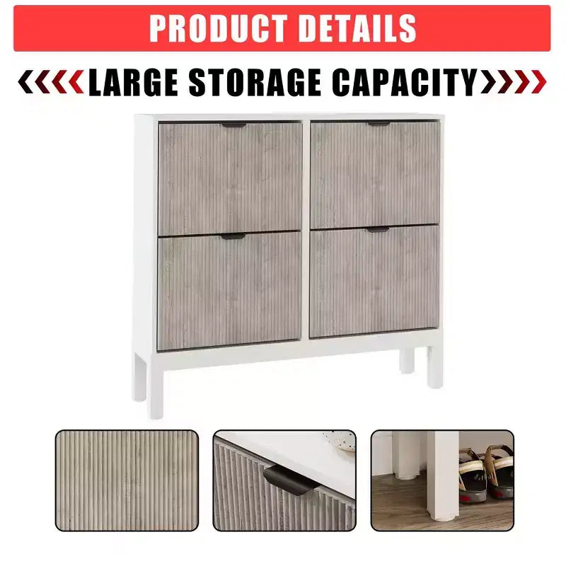 Wooden Fluted Shoe Storage Cabinet with 4 Flip Drawers, Narrow with Metal Legs, Modern Farmhouse Hidden Shoe Rack for Entryway, Hallway