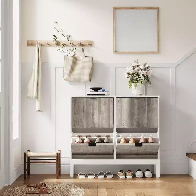 Wooden Fluted Shoe Storage Cabinet with 4 Flip Drawers, Narrow with Metal Legs, Modern Farmhouse Hidden Shoe Rack for Entryway, Hallway