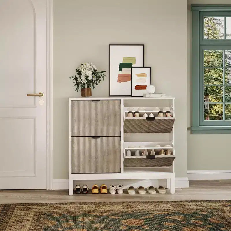 Wooden Fluted Shoe Storage Cabinet with 4 Flip Drawers, Narrow with Metal Legs, Modern Farmhouse Hidden Shoe Rack for Entryway, Hallway
