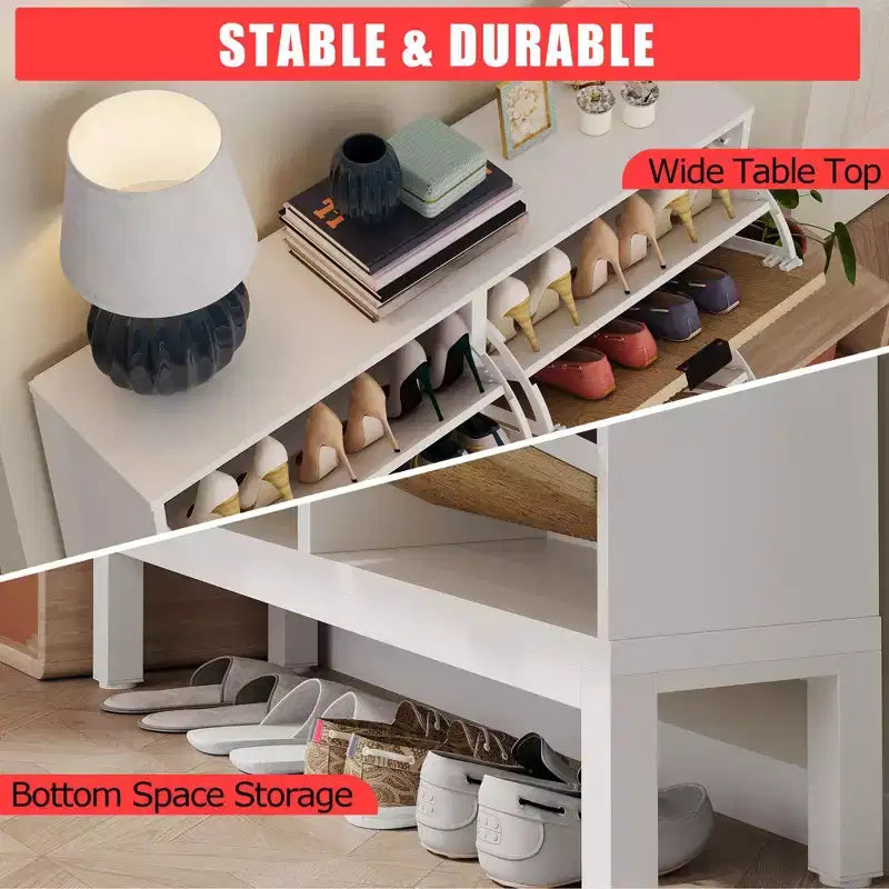 Wooden Fluted Shoe Storage Cabinet with 4 Flip Drawers, Narrow with Metal Legs, Modern Farmhouse Hidden Shoe Rack for Entryway, Hallway
