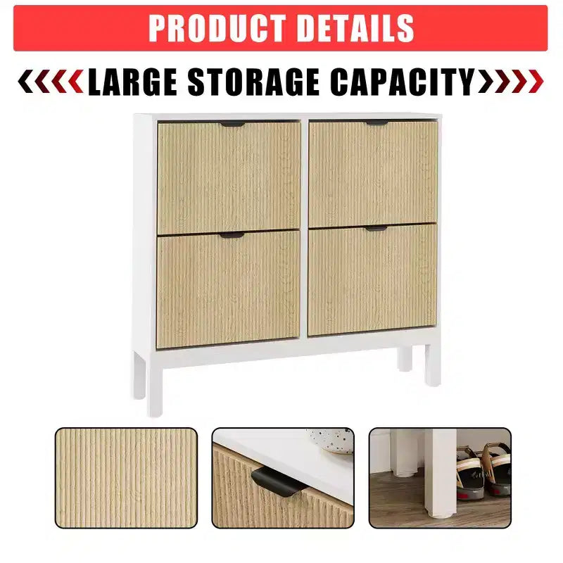 Wooden Fluted Shoe Storage Cabinet with 4 Flip Drawers, Narrow with Metal Legs, Modern Farmhouse Hidden Shoe Rack for Entryway, Hallway