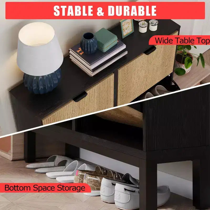 Wooden Fluted Shoe Storage Cabinet with 4 Flip Drawers, Narrow with Metal Legs, Modern Farmhouse Hidden Shoe Rack for Entryway, Hallway