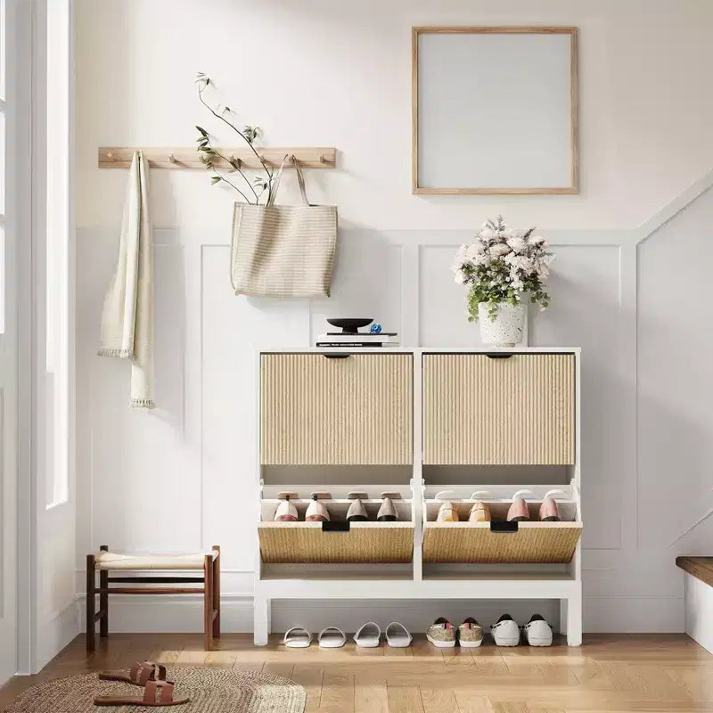 Wooden Fluted Shoe Storage Cabinet with 4 Flip Drawers, Narrow with Metal Legs, Modern Farmhouse Hidden Shoe Rack for Entryway, Hallway