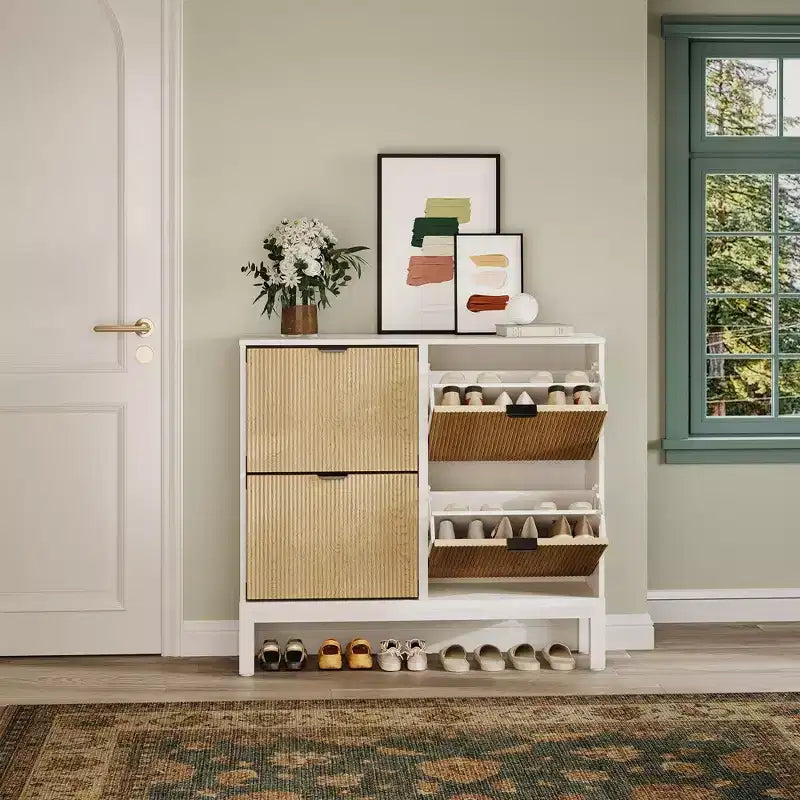Wooden Fluted Shoe Storage Cabinet with 4 Flip Drawers, Narrow with Metal Legs, Modern Farmhouse Hidden Shoe Rack for Entryway, Hallway