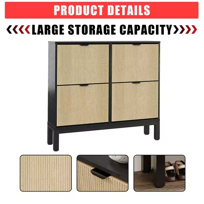 Wooden Fluted Shoe Storage Cabinet with 4 Flip Drawers, Narrow with Metal Legs, Modern Farmhouse Hidden Shoe Rack for Entryway, Hallway