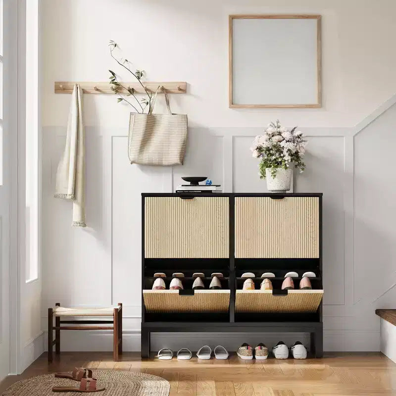 Wooden Fluted Shoe Storage Cabinet with 4 Flip Drawers, Narrow with Metal Legs, Modern Farmhouse Hidden Shoe Rack for Entryway, Hallway