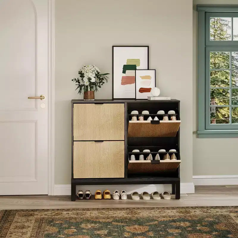 Wooden Fluted Shoe Storage Cabinet with 4 Flip Drawers, Narrow with Metal Legs, Modern Farmhouse Hidden Shoe Rack for Entryway, Hallway