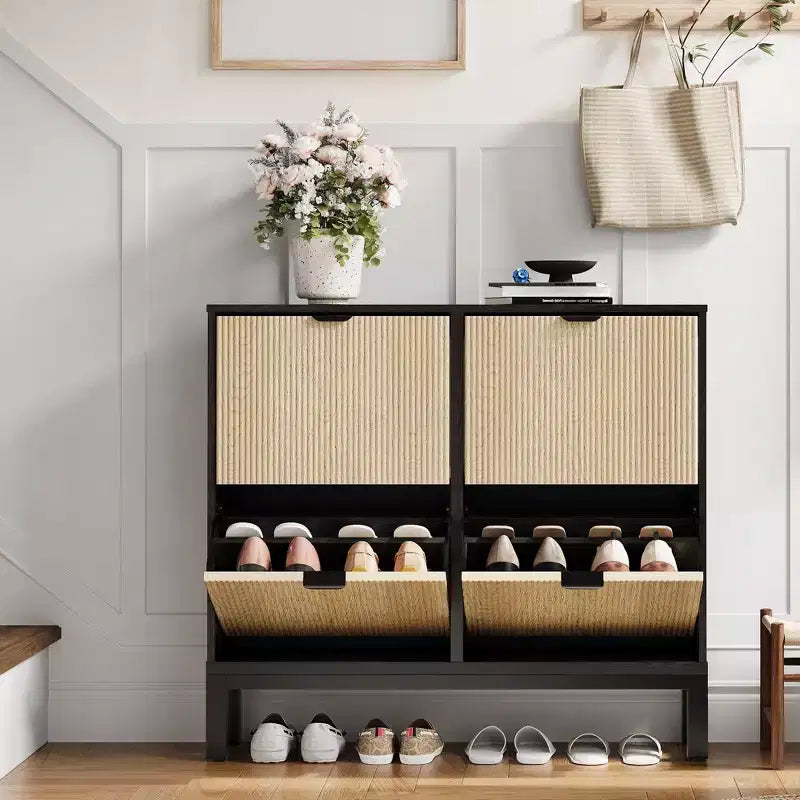Wooden Fluted Shoe Storage Cabinet with 4 Flip Drawers, Narrow with Metal Legs, Modern Farmhouse Hidden Shoe Rack for Entryway, Hallway
