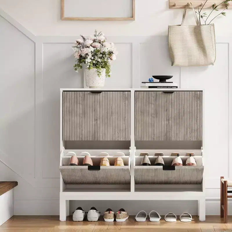 Wooden Fluted Shoe Storage Cabinet with 4 Flip Drawers, Narrow with Metal Legs, Modern Farmhouse Hidden Shoe Rack for Entryway, Hallway