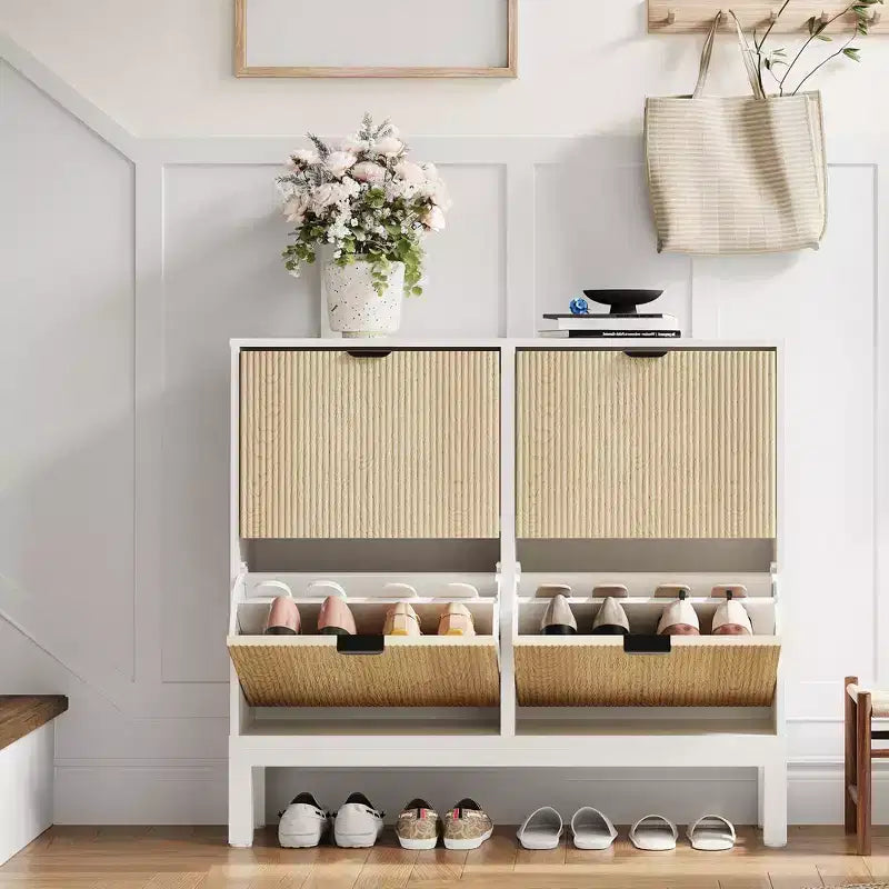 Wooden Fluted Shoe Storage Cabinet with 4 Flip Drawers, Narrow with Metal Legs, Modern Farmhouse Hidden Shoe Rack for Entryway, Hallway