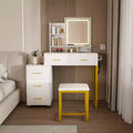 GDFStudio Rovan Modern Mirror Vanity Set with Adjustable LED, Power Outlet, Drawers and Open Shelves