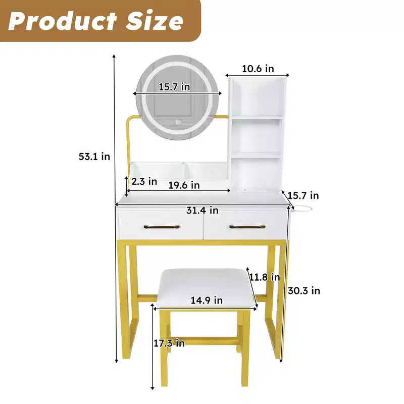 GDFStudio Rovan Modern Mirror Vanity Set with Adjustable LED, Power Outlet, Drawers and Open Shelves