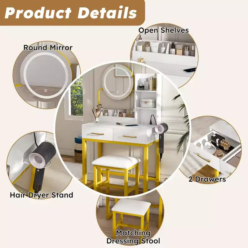 GDFStudio Rovan Modern Mirror Vanity Set with Adjustable LED, Power Outlet, Drawers and Open Shelves