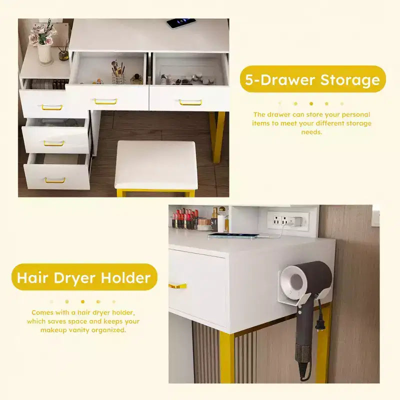GDFStudio Rovan Modern Mirror Vanity Set with Adjustable LED, Power Outlet, Drawers and Open Shelves