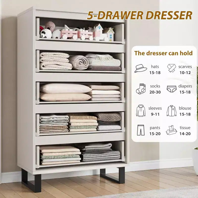 5 Dresser for Bedroom, 50H Dresser, Freestanding Vertical Drawer with Storage, Wooden Closet Chest Storage for Living Room Hallway Entryway