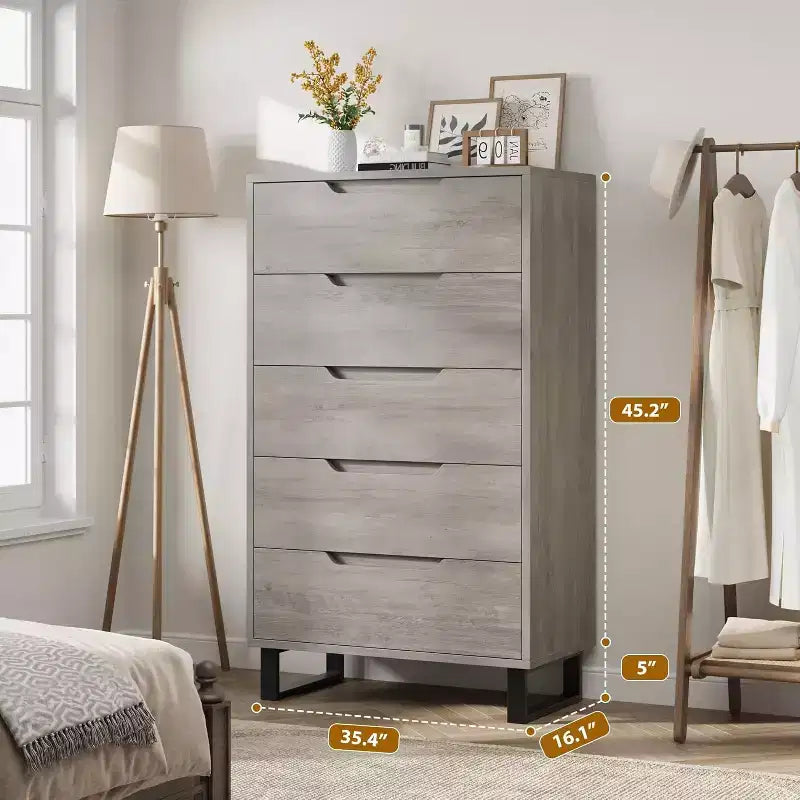 5 Dresser for Bedroom, 50H Dresser, Freestanding Vertical Drawer with Storage, Wooden Closet Chest Storage for Living Room Hallway Entryway