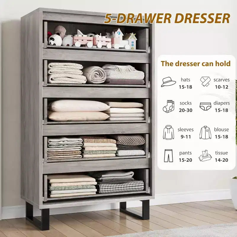 5 Dresser for Bedroom, 50H Dresser, Freestanding Vertical Drawer with Storage, Wooden Closet Chest Storage for Living Room Hallway Entryway
