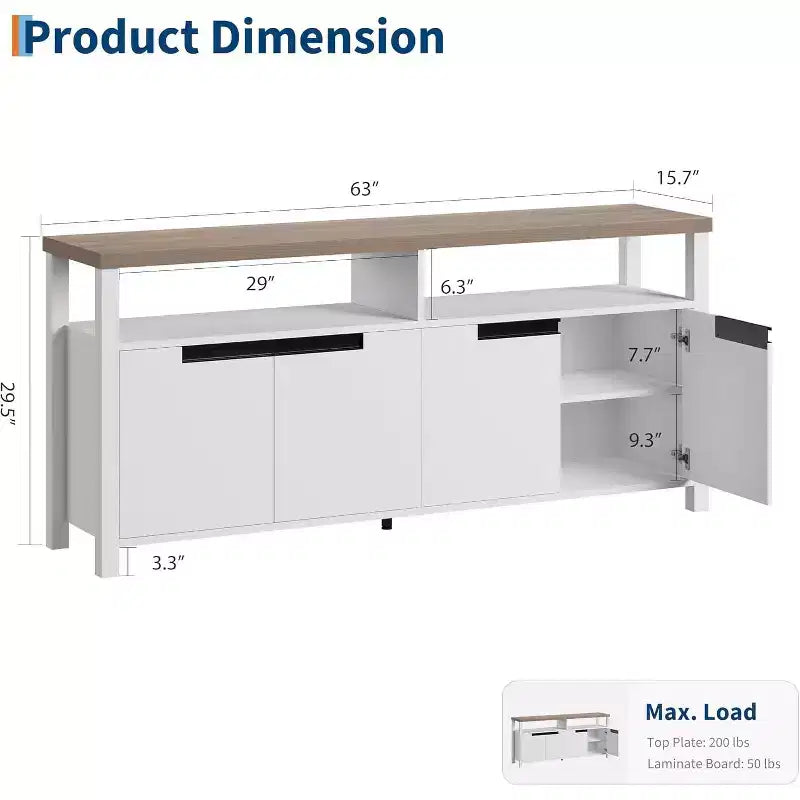 Meuble TV de ferme pour téléviseurs de 70 pouces, meuble de divertissement de 63 pouces de long avec 4 tiroirs de rangement, table de console de télévision pour salon, chambre à coucher