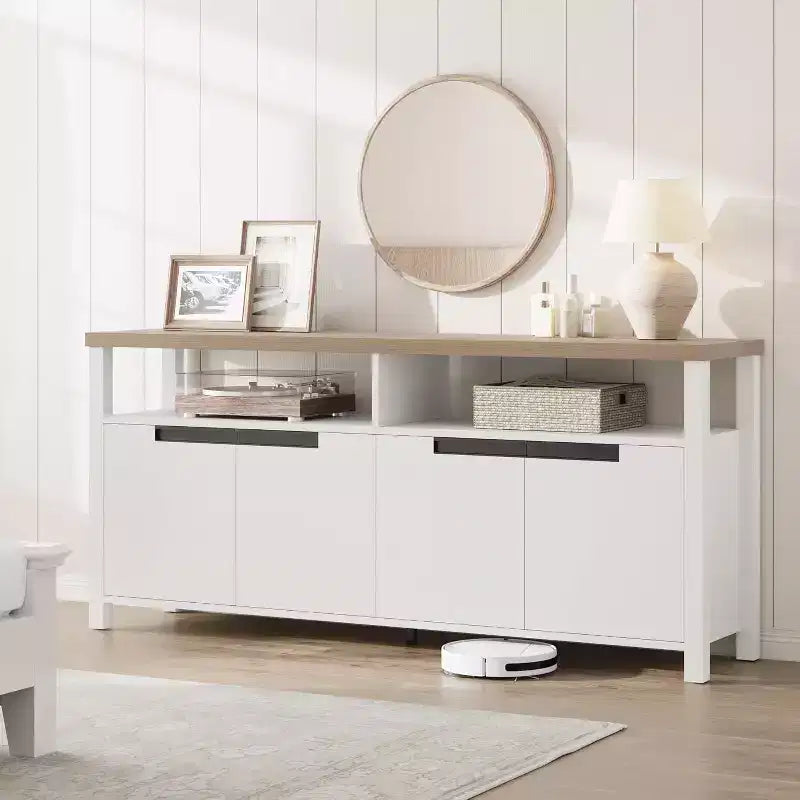 Meuble TV de ferme pour téléviseurs de 70 pouces, meuble de divertissement de 63 pouces de long avec 4 tiroirs de rangement, table de console de télévision pour salon, chambre à coucher