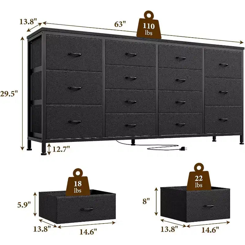 Acekool 63 Inch 14 Drawer Storage Dresser with Charging Station, Wide Chest Organizer for Bedroom, Living Room, Office
