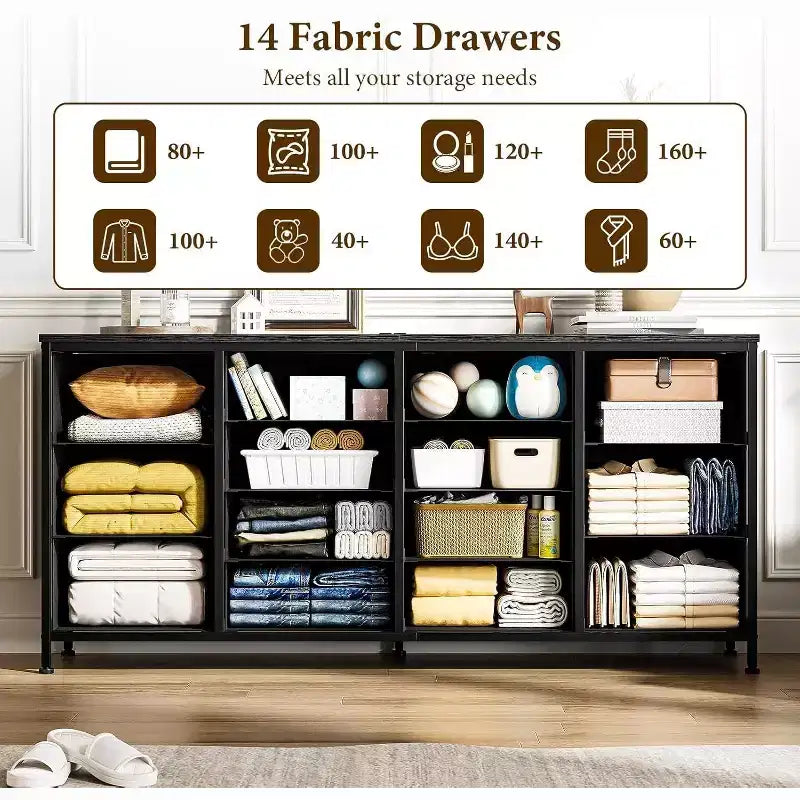 Acekool 63 Inch 14 Drawer Storage Dresser with Charging Station, Wide Chest Organizer for Bedroom, Living Room, Office