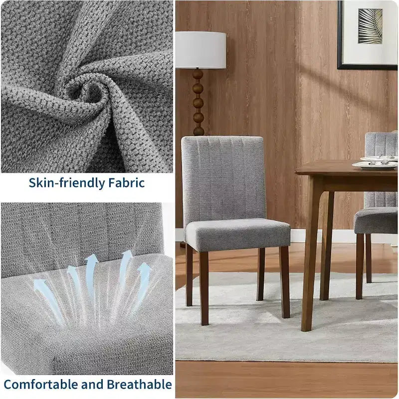 Acekool Dining Chairs Set of 2, Upholstered Tufted Striped Fabric with Padded High Back, Wood Legs & Adjustable Foot Caps, Beige