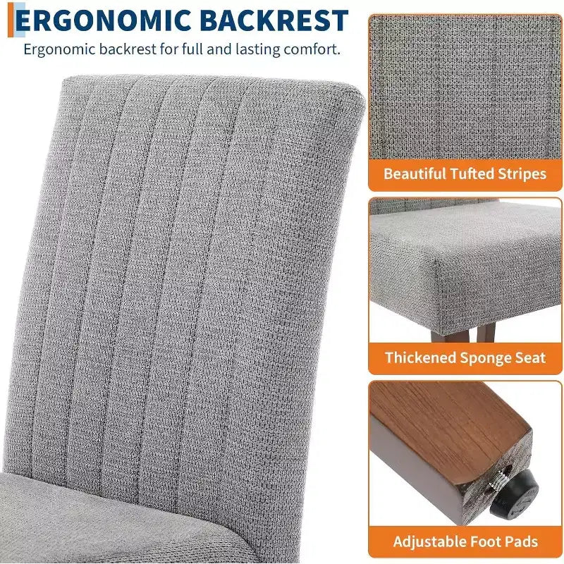 Acekool Dining Chairs Set of 2, Upholstered Tufted Striped Fabric with Padded High Back, Wood Legs & Adjustable Foot Caps, Beige