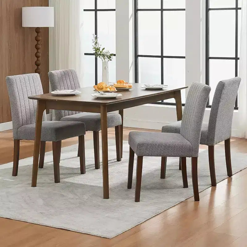 Acekool Dining Chairs Set of 2, Upholstered Tufted Striped Fabric with Padded High Back, Wood Legs & Adjustable Foot Caps, Beige