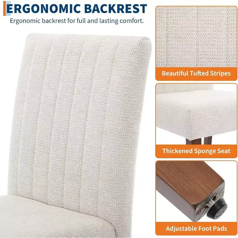 Acekool Dining Chairs Set of 2, Upholstered Tufted Striped Fabric with Padded High Back, Wood Legs & Adjustable Foot Caps, Beige