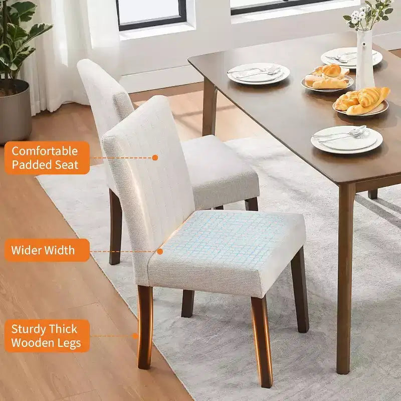 Acekool Dining Chairs Set of 2, Upholstered Tufted Striped Fabric with Padded High Back, Wood Legs & Adjustable Foot Caps, Beige