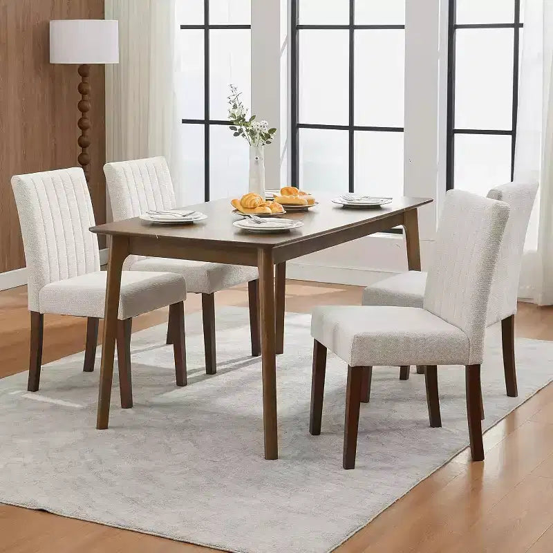 Acekool Dining Chairs Set of 2, Upholstered Tufted Striped Fabric with Padded High Back, Wood Legs & Adjustable Foot Caps, Beige