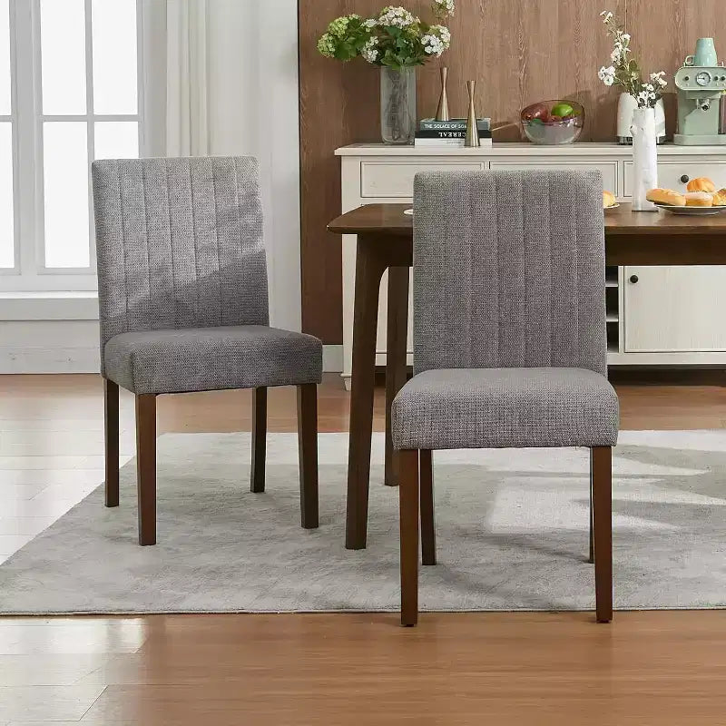 Acekool Dining Chairs Set of 2, Upholstered Tufted Striped Fabric with Padded High Back, Wood Legs & Adjustable Foot Caps, Beige