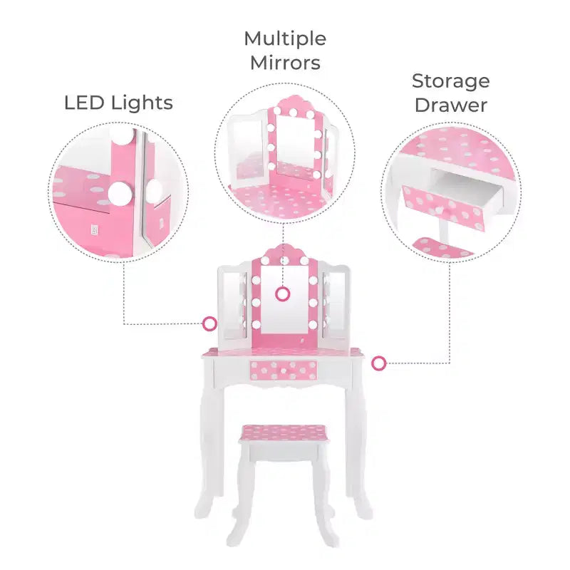 Fantasy Fields Gisele Polka Dot Kids Vanity Table & Stool with LED, White & Pink