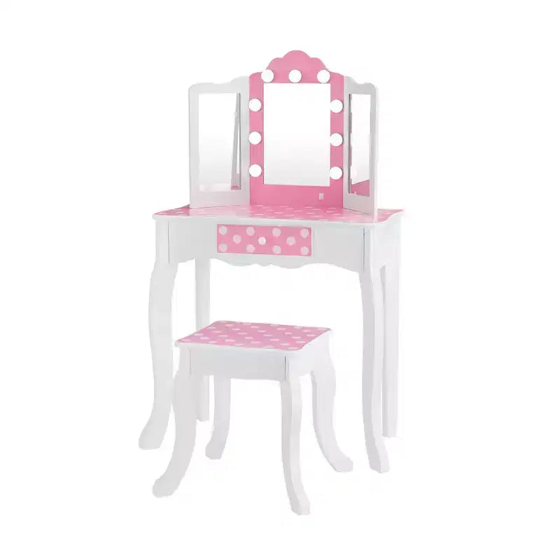 Fantasy Fields Gisele Polka Dot Kids Vanity Table & Stool with LED, White & Pink