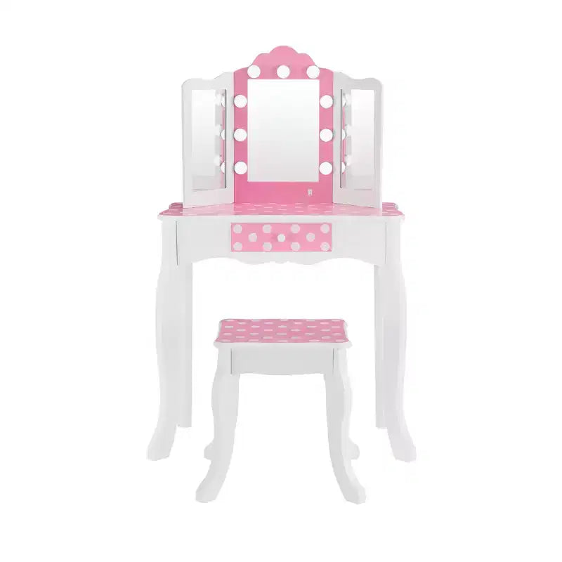 Fantasy Fields Gisele Polka Dot Kids Vanity Table & Stool with LED, White & Pink