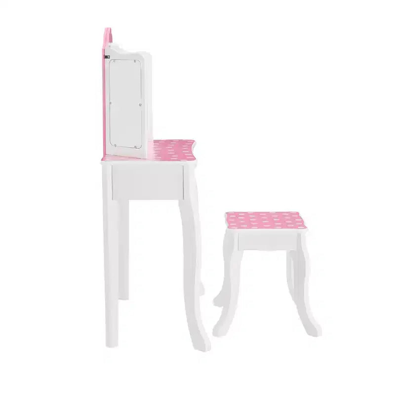 Fantasy Fields Gisele Polka Dot Kids Vanity Table & Stool with LED, White & Pink
