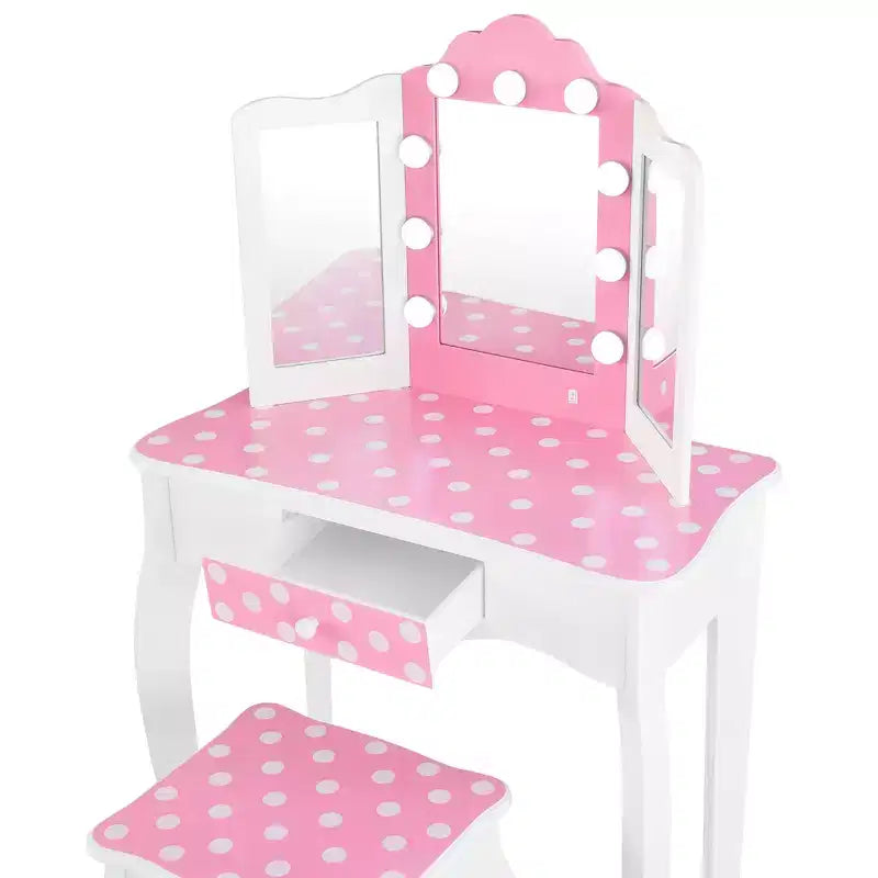 Fantasy Fields Gisele Polka Dot Kids Vanity Table & Stool with LED, White & Pink