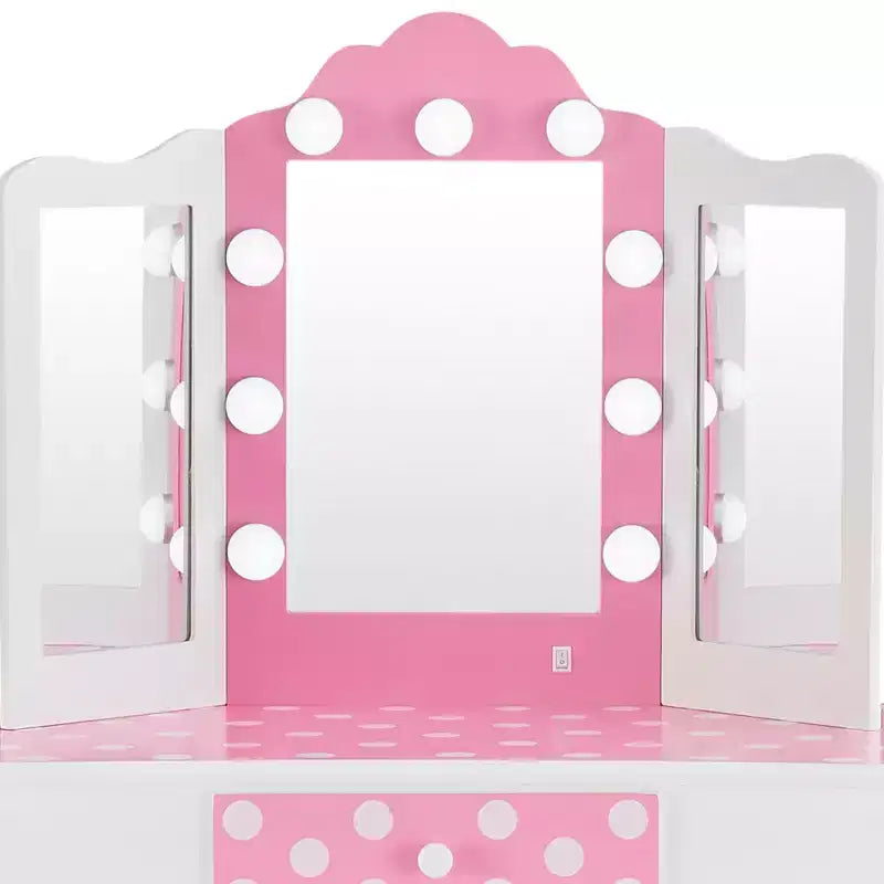 Fantasy Fields Gisele Polka Dot Kids Vanity Table & Stool with LED, White & Pink